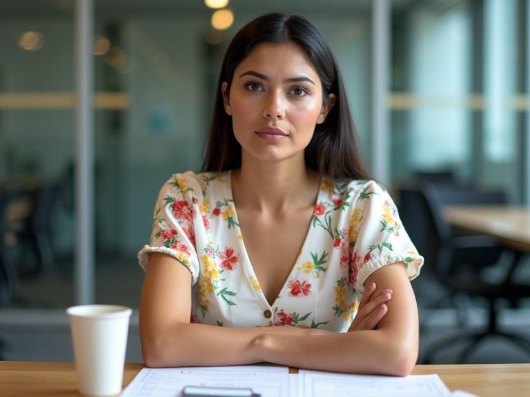 A 30-year-old Mexican woman seated in a corporate boardroom at a conference table. She has light skin dark hair and large hazel eyes. She wears a white floral midi dress with large patterns and bright red yellow and green accents. Her expression is calm and neutral. Her posture is straight and relaxed. Documents and a cup of coffee are on the table. The background shows glass walls and office furniture.