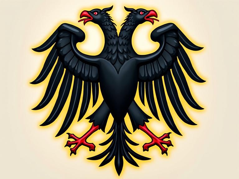 Symbolic image representing East Germany. Features a double-headed black eagle with red accents. The eagle is centrally placed against a light background. The design is bold and striking.