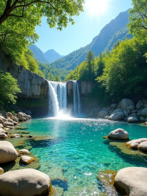 A vibrant sunlit natural landscape with a waterfall flowing into a clear turquoise pool surrounded by lush greenery and rocky formations