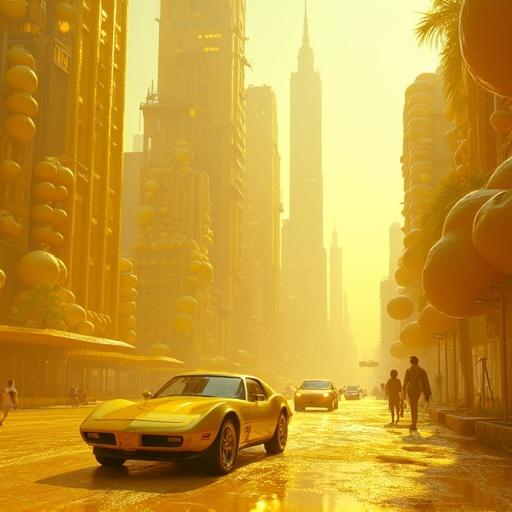 Futuristic cityscape with tall lemon skyscrapers and glowing citrus windows. Lemon cars drive on juice-filled roads. Citizens wear lemon-slice hats. Soft golden hour light creates a warm glow. Surreal detailed style with volumetric fog effects.