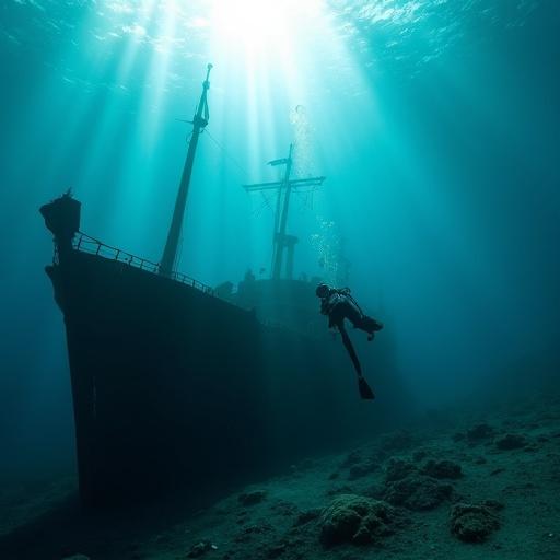 Photorealistic image of light rays penetrating water. Underwater perspective with light waves at surface. Diver in horizontal position with shipwreck and large bow with anchor in foreground. Diver holding big camera rig equipped with video lights.
