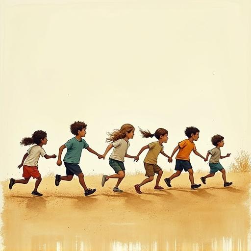 Nostalgic art depicting children engaged in a game of tag. Illustrates the excitement and movement as they run together outdoors. Emphasizes the joy of childhood through playful expressions and active engagement.