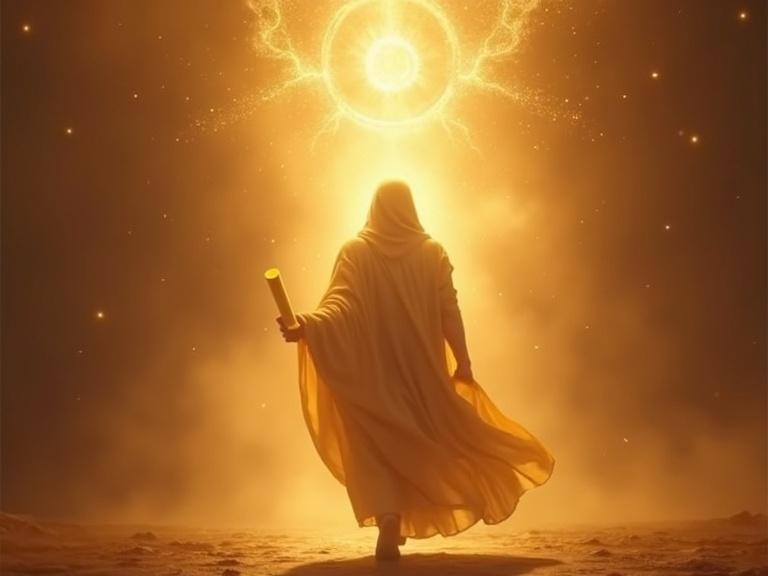 Enoch walking forward with a glowing aura and a divine scroll floating in the air. The background features golden tones and a symbolic style. The aspect ratio is 9:16.