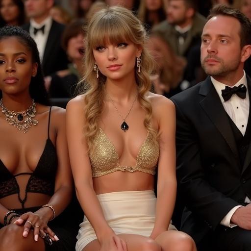 Photorealistic image of a young woman at an awards show. She has long blonde twintails and bangs. She wears a gold bikini top and short white miniskirt. She sits in the front row, appearing happy. A sign in her hand reads 'no chance 4 whitebois'.
