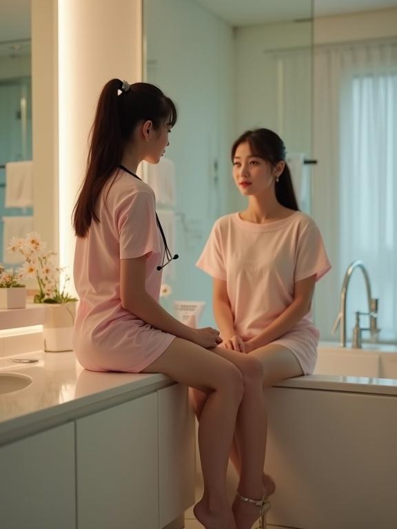 Ultra low angle shot of a petite female doctor in a light pink cotton t-shirt seated on a bathroom counter. She has a stethoscope draped around her neck and is engaging in conversation with a female patient also seated on the counter. The scene is softly lit, creating a warm atmosphere and hinting at a playful interaction.