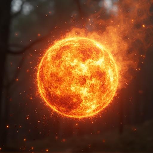 A small, glowing fireball floating in a mystical setting. The fireball radiates fiery colors and has a realistic fantasy art style.