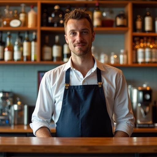 A bartender stands confidently behind the counter. The setting features shelves lined with various bottles. The bartender wears a white shirt and navy blue apron. The atmosphere is warm and inviting.