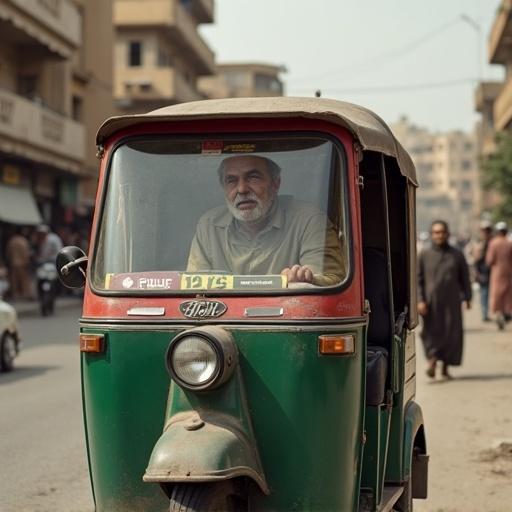 Egyptian man in his fifties drives a tuk-tuk in a working-class neighborhood in Cairo. All people are men.