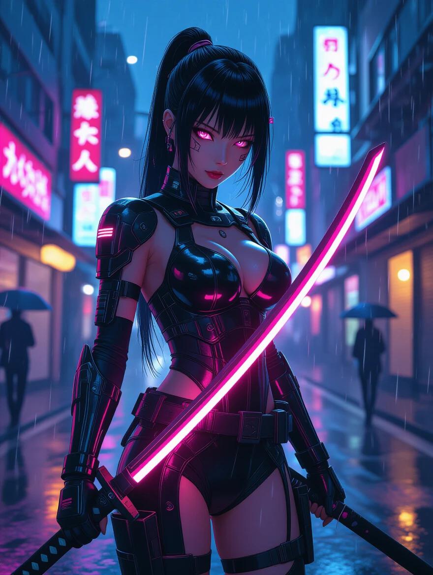 Samurai girl in techwear armor. She holds a glowing katana. Neon lights illuminate the streets of Tokyo. Rain creates a moody atmosphere. Slick black hair flows in the wind. Cybernetic enhancements shine in the dark. Detail in urban scenery enhances the scene. Strong portrayal with a dynamic pose.