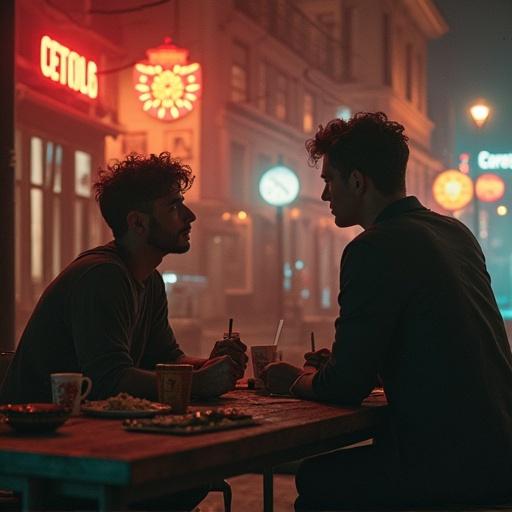Two individuals sitting at a table in an urban setting. Soft lighting from neon signs creates a warm ambiance. Close-up focus on interaction between them, with cafe items on the table. Dynamic evening atmosphere.