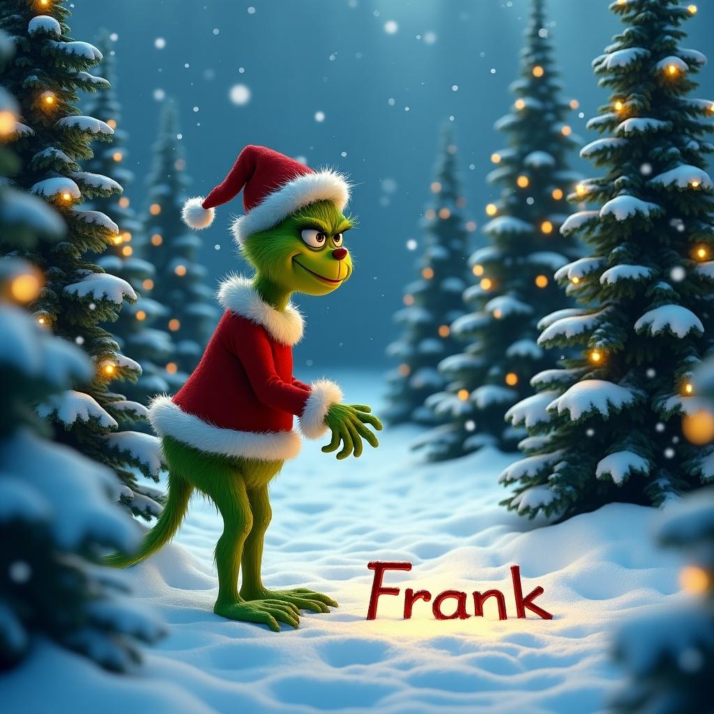 The Grinch is in a snowy landscape with Christmas trees. He wears a Santa hat and a red coat. He is writing the name Frank in the snow.