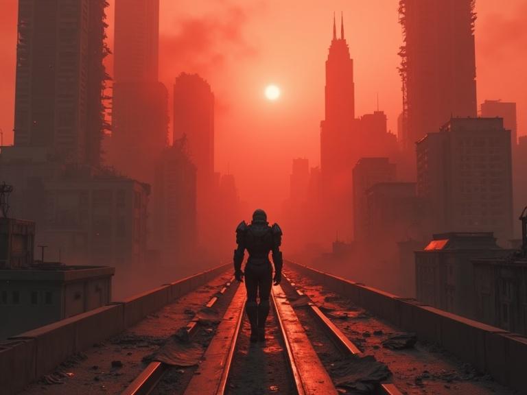 Aerial shot captures a destroyed post-apocalyptic city. Skyscrapers collapse under dust clouds. A red atmosphere creates an eerie setting. A humanoid figure in armor walks alone on twisted highways. The scene is viewed from above. Cinematic quality presents an ominous mood.