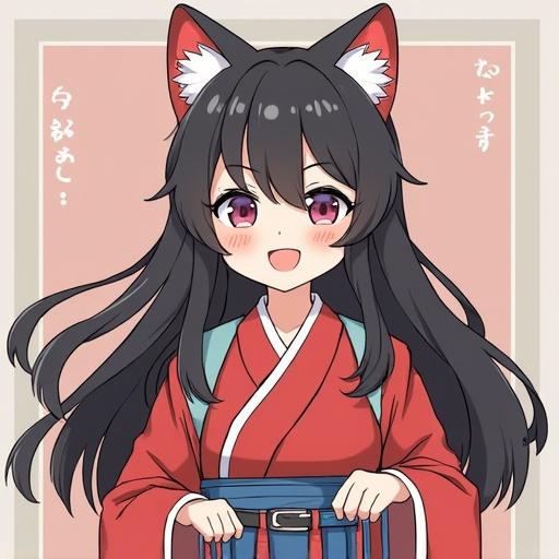 Anime character with fox ears wearing a traditional outfit smiling. Long black hair with pink highlights. Soft pastel background. Expressive eyes and joyful expression. Carrying backpack.