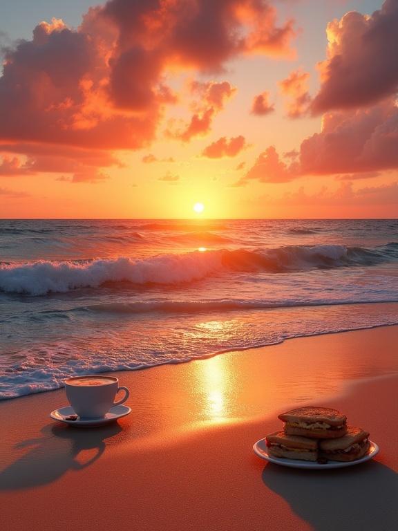 A tropical beach at sunset featuring a setting sun over the ocean.