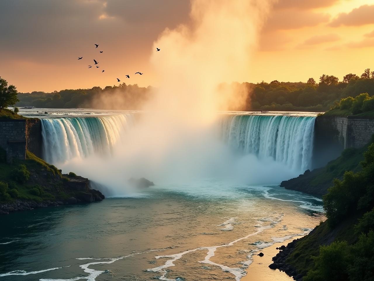 This image showcases a stunning view of a waterfall, possibly resembling Niagara Falls. The water cascades down dramatically, creating mist that rises and mingles with the air. Surrounding the falls are lush green trees, adding a natural beauty to the scene. The sky is filled with a warm, orange sunset, casting reflections on the water below. Several birds can be seen flying in the distance, enhancing the tranquil atmosphere of this picturesque landscape.