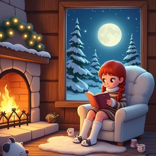 A cute cartoon girl with long braided red hair sits in a furry white chair. She wears a patterned sweater and white socks with cat faces. She reads a book by a fireplace. There is a mug and cat-faced slippers on a sheepskin rug. Glowing string lights decorate the interior. Outside, there is a starry night sky with a full moon and snowy evergreen trees.
