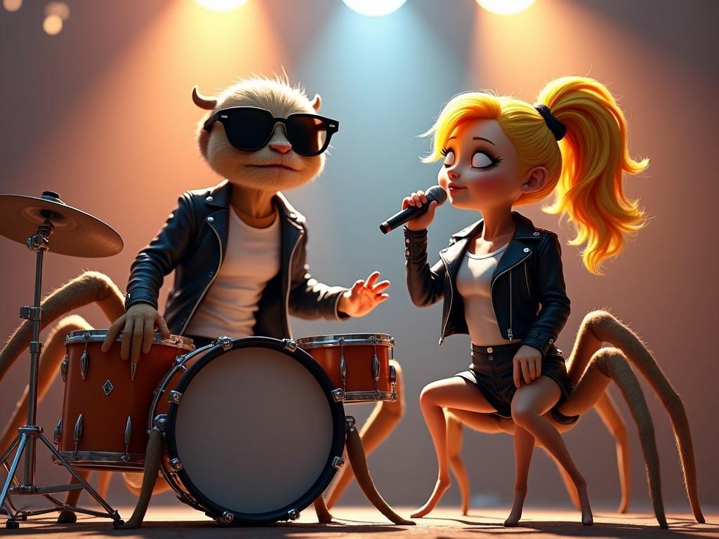 Create a hyper-realistic digital artwork of two anthropomorphic spiders performing on a music stage. The male spider has realistic spider legs and facial features, wearing sunglasses, a white t-shirt, a black leather jacket, and shorts. He’s energetically playing the drums. Beside him, the female spider sits with similarly realistic spider characteristics. She’s dressed in a white t-shirt, black leather jacket, and short skirt, with vibrant yellow hair styled similarly to K-pop singer Rose. She sings into a microphone, exuding warmth and charisma, perfectly in sync with the male spider. The atmosphere should feel lively, inspired by the stage performance style of Bruno Mars and Rose, with detailed stage lights and background elements.