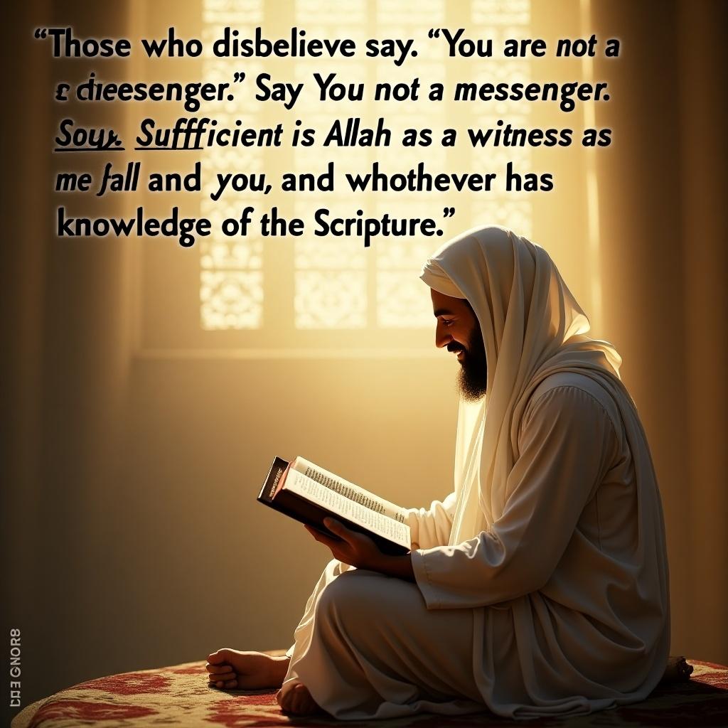 Image depicts a figure in religious attire reading from a holy book. The figure is illuminated softly by warm light creating a serene atmosphere. The background suggests a sacred environment. The text quote emphasizes faith and knowledge.