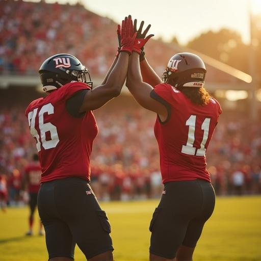 Two friends wearing football jerseys high-five in a college stadium. The scene captures their excitement in front of a cheering crowd. The photo is taken from the field level during the golden hour with vibrant lighting. The motion blur emphasizes their energetic movement.