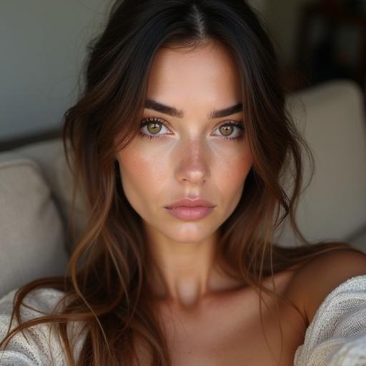 A young French woman takes a selfie on a sofa. Soft oval face shape with defined jawline. Slightly tanned ivory skin with subtle freckles and a beauty mark. Almond-shaped hazel eyes and thick brows. Thin upturned nose and full lips. Long chestnut brown hair with golden highlights, slightly wavy. Natural look, no heavy makeup. Petite and slender body.
