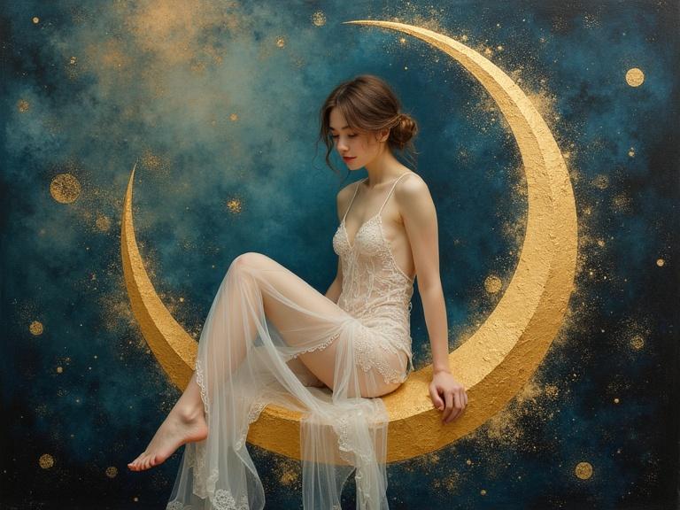 A delicate woman with porcelain skin sits on a crescent moon. She's wearing lace and the background features a dynamic nebula. The painting has gold leaf highlights, creating a dreamy and ethereal effect.