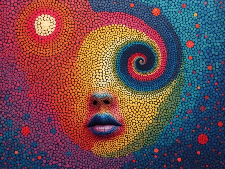 An abstract composition made of colorful dots. Surreal feel. Inspired by Jack Kirby and Pablo Picasso.