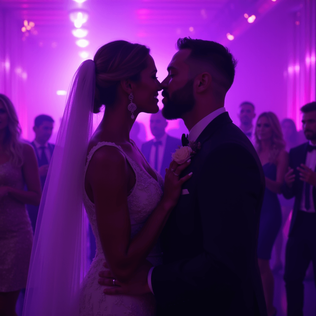 A bride and groom share a romantic moment on the dance floor surrounded by guests, illuminated by soft purple lighting.