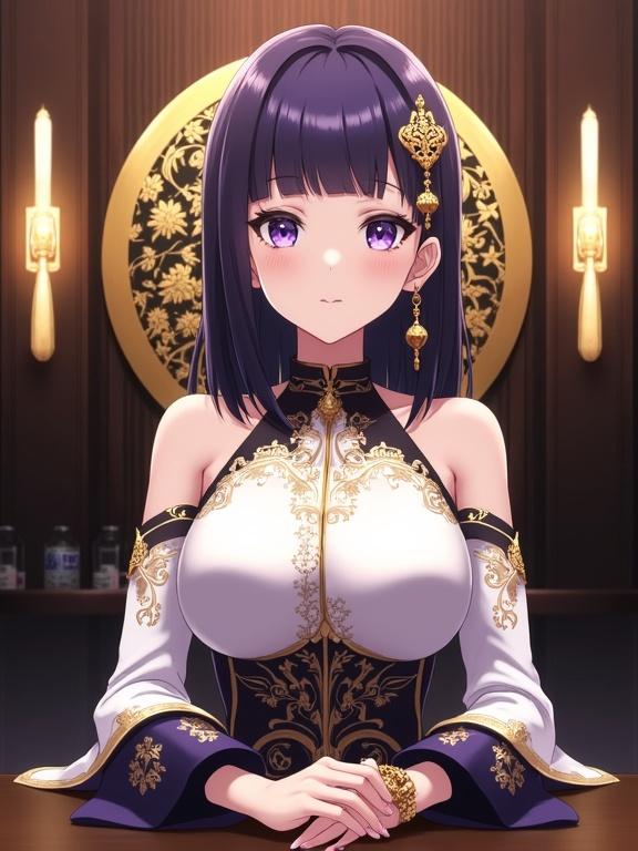 Anime-style lady with dark violet hair looking directly at viewer. She wears an ornate outfit in white and black with gold floral patterns. Large expressive eyes and a calm expression. A luxurious interior serves as the background with a golden emblem.