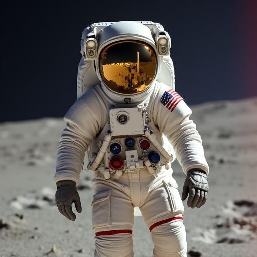 Astronaut in a spacesuit stands on the moon. The background is the vastness of space. The astronaut wears an American flag on the suit.