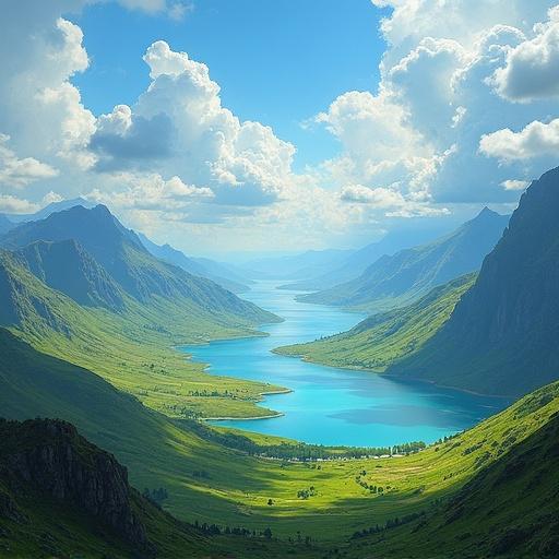 Stunning artwork of a vast landscape with rolling hills and pristine waters. Daylight creates dynamic shadows on lush terrain. Towering clouds and distant peaks enhance the grandeur.