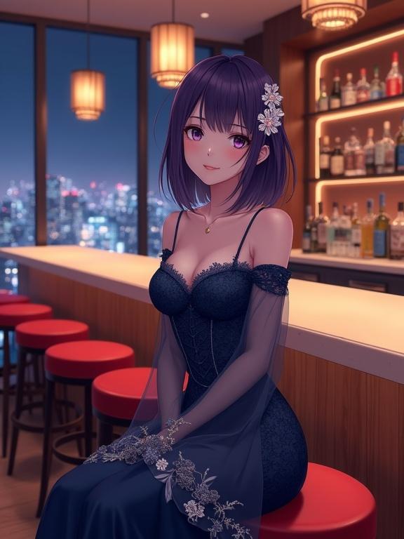 Front view of a beautiful adult anime woman with dark violet hair and captivating violet eyes sitting elegantly on a red barstool in a luxurious bar. She wears a dark blue off-the-shoulder gown with sheer sleeves and white floral patterns. The bar features a light wood countertop and a cityscape behind a grand window. The atmosphere is sophisticated and inviting, captured with a 50mm lens in high-quality fashion style.