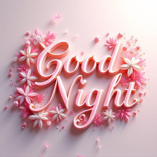 Digital art piece featuring the text Good Night in ornate cursive script. Soft pink and cream gradient. Adorned with shimmering gemstones. Surrounded by pink and white flowers and hearts. Balanced composition with whimsical flower petals. Handwritten by Muny Vathana.