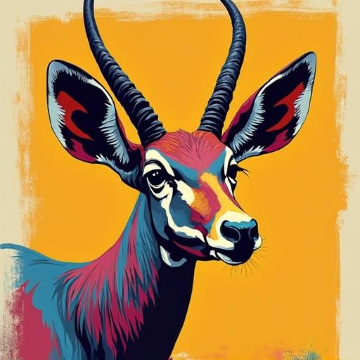Kudu illustrated in pop art style features bold colors and striking design. The artwork showcases the animal's distinct features. Perfect for modern decor or art enthusiasts.
