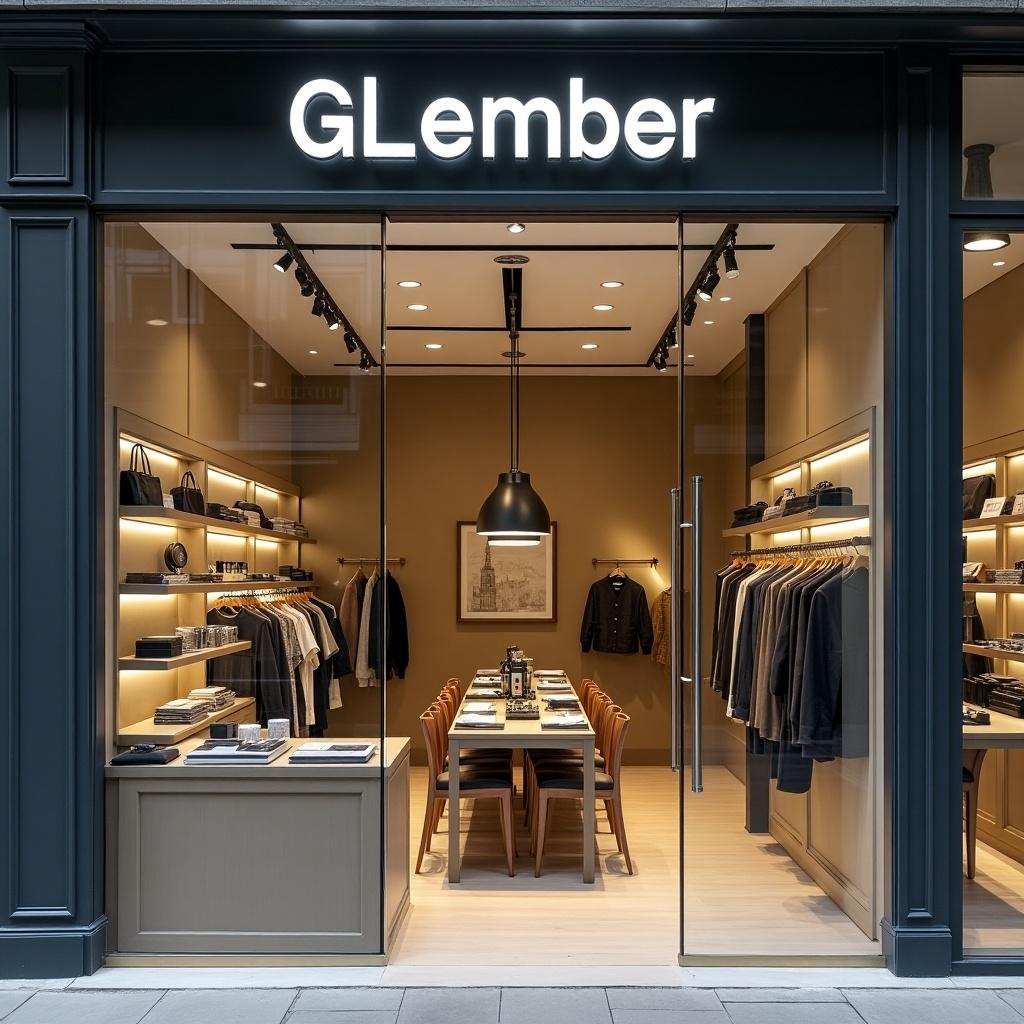 A modern storefront named 'Glember'. Store focused on gadgets and accessories. Warm beige tones with stylish clothing displays. Eye-catching signage and inviting atmosphere.