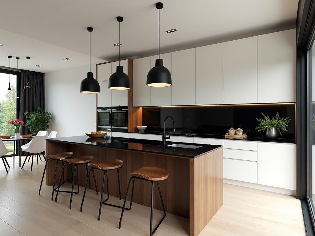 This image features a modern kitchen interior design highlighting a sleek black and white style. There are elegant black pendant lights hanging above the kitchen island, which is made of brown wood and sleek black countertops. White cabinets complement the wooden elements, bringing a clean and stylish contrast to the space. A dining area is visible with white chairs and a glass table, creating a contemporary dining experience. Large windows let in natural light, enhancing the open feel of the kitchen, while decorative elements like plants add freshness to the ambiance.