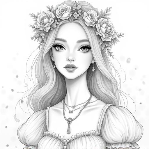 A detailed monochrome drawing depicts a young woman with fair skin. Her large expressive eyes are outlined by delicate black lines. Her full lips and cheek contours are subtly emphasized. Long wavy hair cascades over her shoulders. She wears a floral crown with pale roses and small flowers. A necklace with a light floral motif adorns her neck. The dress features puffed sleeves and soft pleats, outlined by fine lines. The background has scattered lines suggesting blurred bokehs. The lighting suggests soft illumination.