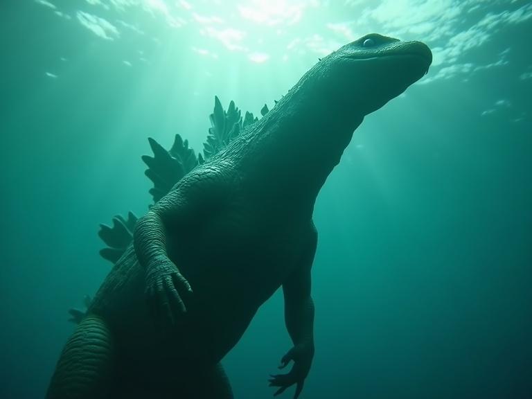 Cinematic low angle view of a large-scale baby Godzilla. Realistic texture and smooth skin. Swimming underwater with large eyes. Dramatic light caustics and reflections. Detailed HDR look.