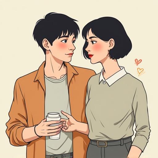 Young couple engaged in a tender moment. A male character holds a cup. Female character reaches out to him. They share a warm and intimate atmosphere. Characters have distinct Korean features, body language shows affection.