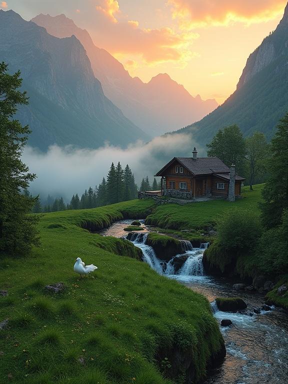 Majestic Alpine village scene at sunset features one wooden house, a white bird in the foreground, a beautiful waterfall, and lush green grass. The sun is setting, and mist moves across the landscape.