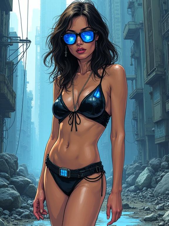Portrait of a female character wearing a black and blue futuristic bikini and high heels. She is in a dystopian cityscape inspired by cyberpunk themes. Illustration highlights a gritty and moody atmosphere. Focus on expressive ink lines and flowing forms. Evokes a sense of strength and futurism.