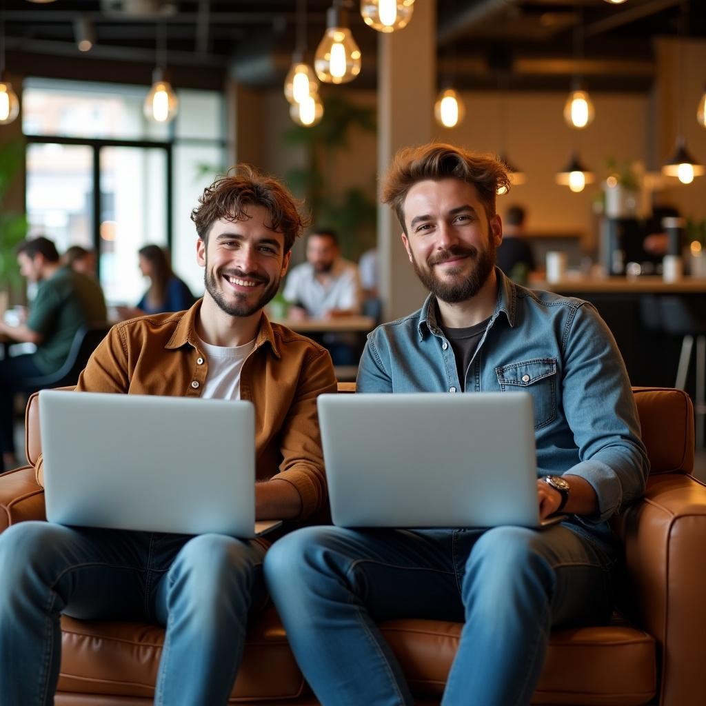 Two young men sitting in a coffee shop with laptops. They smile and sit side by side on brown leather chairs. Background features a modern coffee shop ambiance with working and socializing patrons. Warm hanging bulb lighting adds coziness. Scene captures focus and camaraderie.