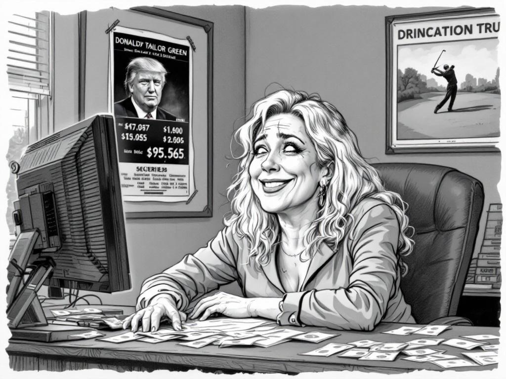 Black-and-white cartoon in underground style. Very happy looking mature blond woman. Long blond hair with sweat on forehead. Sitting at a desk with dollar bills. Screen shows securities transactions. In background, a poster shows Donald Trump playing golf. Hand-drawn look, rough and satirical. Landscape format.