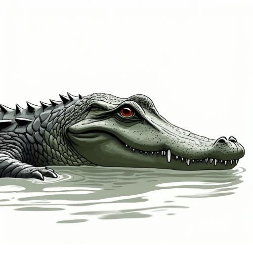 Draw an alligator showcasing its broad rounded snout and muscular body. The skin appears tough and scaly in dark green to black colors. The eyes and nostrils are at the top of the head, allowing for visibility and breath while submerged.
