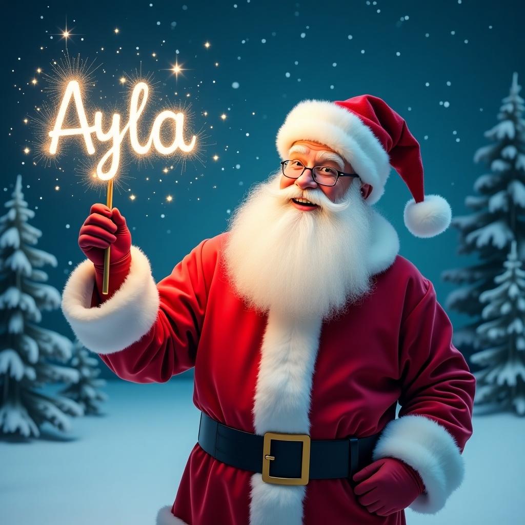 Jolly Santa Claus in snowy landscape holding magical wand with sparkles writing Ayla. He wears classic red suit and matching hat. His eyes twinkle with joy. Snowy scene with evergreen trees and starry night sky in background. Atmosphere festive and magical.