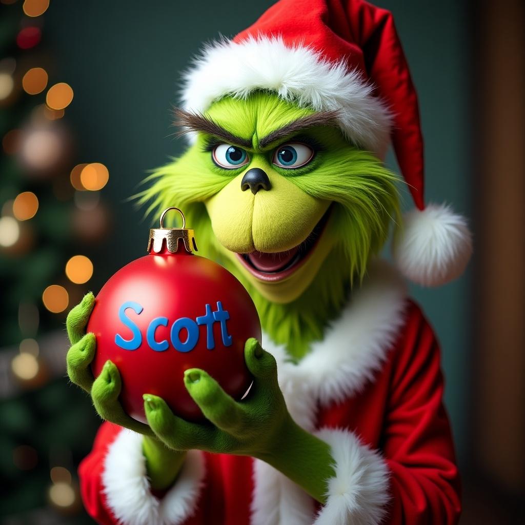 A character dressed in a Santa suit holds a red Christmas ornament. The ornament has the name Scott written in blue. The setting is festive and cheerful.