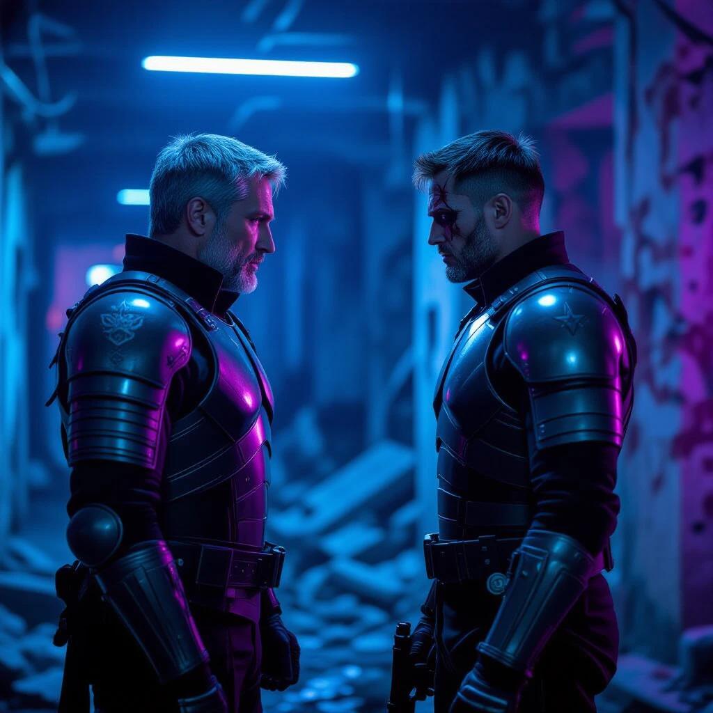 Villain unmasked former general and brother tense standoff in neon-lit ruins. High tension standoff two war-torn brothers face off under neon flicker. Damaged armor cracked visors blue purple color grading cinematic symmetry