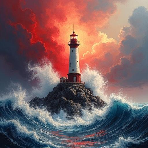A tall lighthouse stands on rocky terrain. Massive red and orange waves crash against the rocks. The sky swirls with brushy clouds. A light beam pierces the storm. The painting features bold textured strokes in an acrylic style. It displays dramatic contrast and a vivid oceanic palette.
