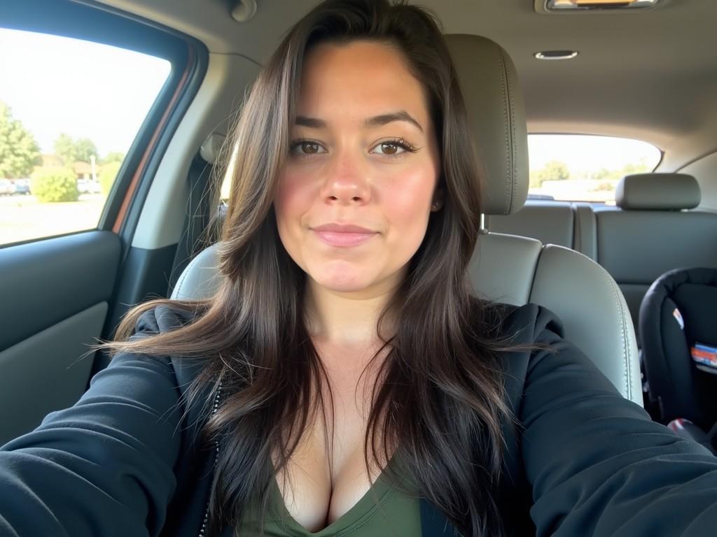 A person is sitting in a car, taking a selfie. The sunlight is shining in, creating natural highlights in their long, dark hair. They are wearing a black jacket over a green top. The person has a subtle expression, looking directly at the camera. In the background, there's a car seat visible, suggesting they might be a caregiver. The interior of the car has a clean and simple design.