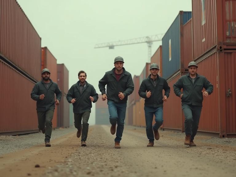 Photorealistic scene of five men in work clothes running in a freight container yard. A younger man is in the lead, with four others pursuing him.