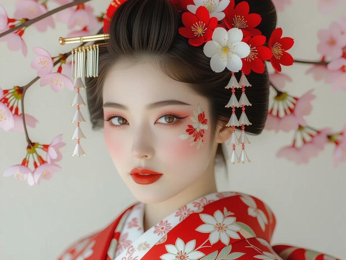 Photo realistic portrait of a Japanese woman wearing traditional kimono. Intricate floral embroidery. Cherry blossoms woven into hair. Porcelain skin with soft red eyeshadow and lips. Shallow depth of field created with an 85mm lens. Subtle paper-textured background. Studio lighting with diffuse glow. Ultra-detailed fabric and hair strands. Captured on medium format camera.